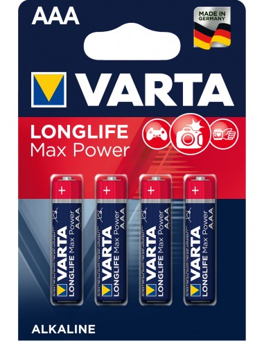 BATTERIE: vendita online Varta Longlife Max Power, Batteria Alcalina, AAA, Micro, LR03, 1.5V, Blister da 4, Made in Germany i...