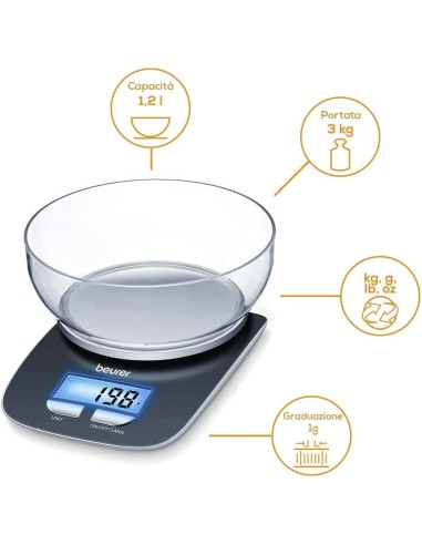 Beurer Ks 25 Bilancia Digitale Da Cucina Con Ciotola, Nero, 22 x 15 x 5 Cm