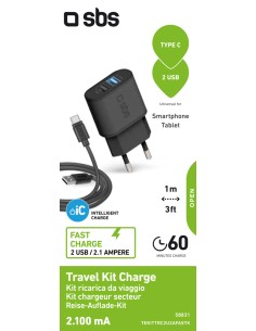 SBS TEKITTRC2U2AFASTK KIT TRAVEL CHARGER 2USB 2,1A + CAVO USB TYPE C 2
