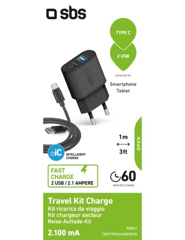 SBS TEKITTRC2U2AFASTK KIT TRAVEL CHARGER 2USB 2,1A + CAVO USB TYPE C