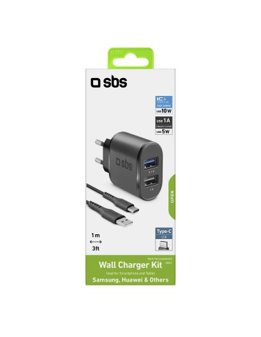 SBS TEKITTRC2U2AFASTK KIT TRAVEL CHARGER 2USB 2,1A + CAVO USB TYPE C