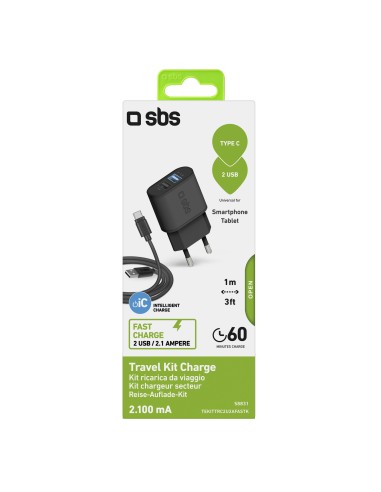 SBS TEKITTRC2U2AFASTK KIT TRAVEL CHARGER 2USB 2,1A + CAVO USB TYPE C