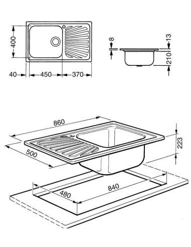 SMEG SG861D LAVELLO 1V 86CM   GOCC. DX ACCIAIO SPAZZOLATO