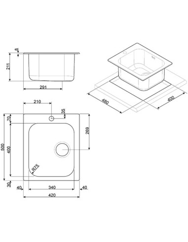 SMEG VS34/P3 LAVELLO 1V 42CM       ACCIAIO INOX SPAZZOLATO