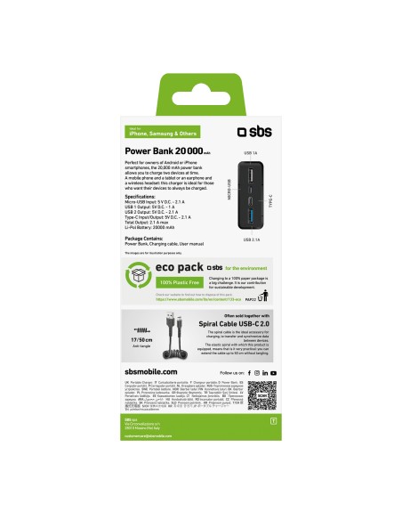 SBS TTBB20000FASTK POWERBANK 20000MAH USB 2,1 A NERO