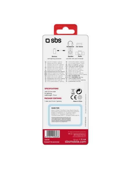 SBS TEADAPTIPJACK35W ADATTATORE APPLE LIGHTNING JACK 3,5 MM 1 MT BIANC