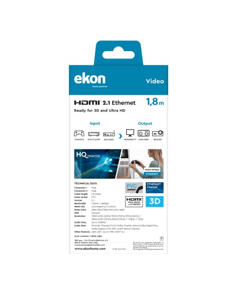 EKON 08499 CAVO HDMI V2.1 M/M 1,8M 8K ETHERNET