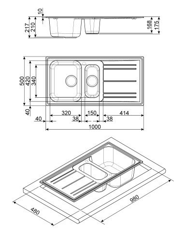 SMEG LZ102CT LAVELLO 1+1/2 100CM   REVERSIBILE ANTIGRAFFIO COL.CEMENTO