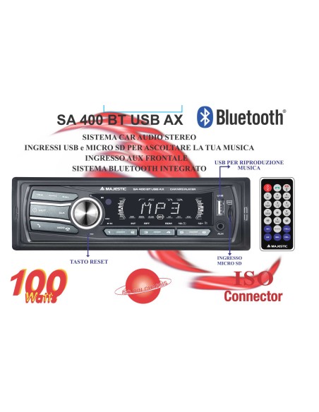 MAJESTIC SA-400 SISTEMA CAR AUDIO BT USB AUX - VIVAVOCE - TELECOMANDO