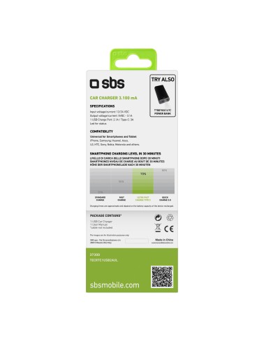 SBS TECRTC1USB2AUL CARICAB.AUTO 3100MAH ULTRA FAST CHARGE USB-C NERO