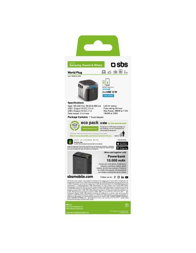 SBS TEADAPT2USBUNI ADATTATORE UNIVERSALE PRESE ESTERE 2 USB 2.1A NERO