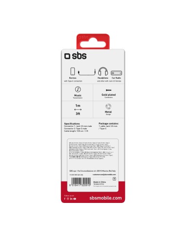 SBS TECABLE35TYCK CAVO JACK 3,5/USB-C M/M 1M NERO