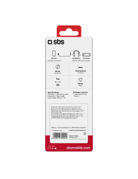 SBS TECABLE35TYCK CAVO JACK 3,5/USB-C M/M 1M NERO