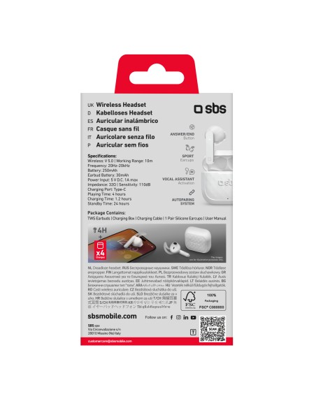 SBS TEEARAIRFREETWSBTW AURICOLARI TWS BASE 200MAH COMANDI TOUCH BIANCO