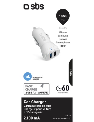 SBS TECR2USB24AWFAST MINI CARICABATTERIE AUTO 2400MAH 2USB BIANCO