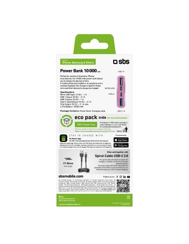 SBS TTBB10000FASTP POWERBANK 10000MAH USB 2,1 A ROSA