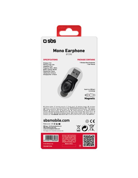 SBS TEEARBT290K AURICOLARE WIRELESSMONO IN-EAR CON RICARICA MAGNET NER