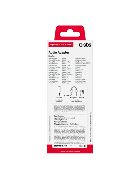 SBS TEADAPTJACKMFIW ADATTATORE APPLE LIGHTNING M A JACK 3,5 MM F BIANC