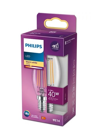 PHILIPS 763077 LED E14 4,3W/40W 2700K 470LM CANDELA FILAMENTO