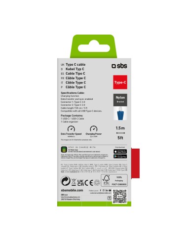 SBS TECABLETISSUETCCB CAVO IN TESSUTO USB-C/USB-C 1,5M BLU