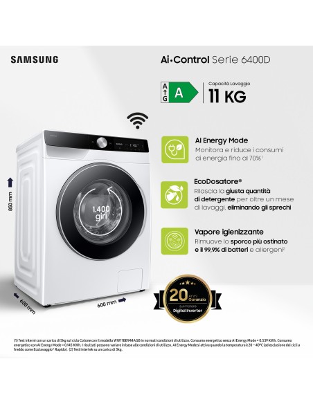 SAMSUNG WW11DG6B85LK LVB A-10% 11KG1400G VAPORE IGIE. ECODOSATORE WIFI