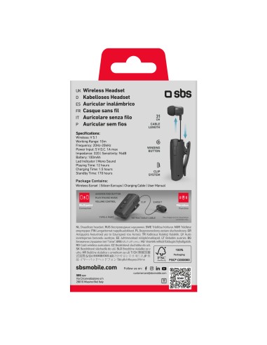 SBS TEROLLCLIPBTK AURICOLARE BT 3.0 CON CLIP E FILO RETRAIBILE NERO