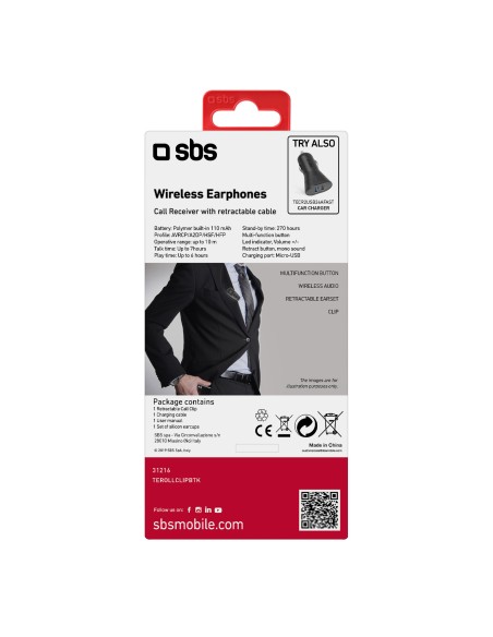 SBS TEROLLCLIPBTK AURICOLARE BT 3.0 CON CLIP E FILO RETRAIBILE NERO