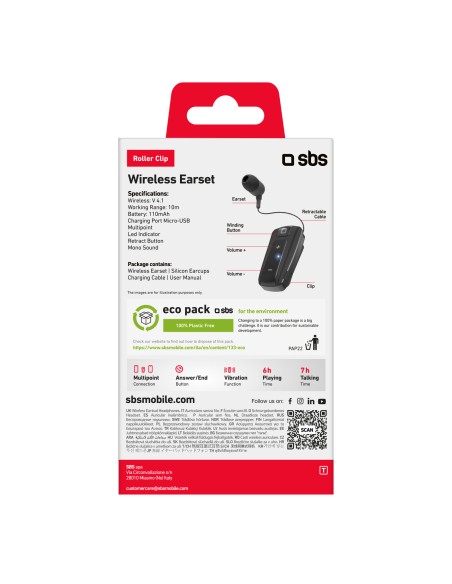 SBS TEROLLCLIPBTK AURICOLARE BT 3.0 CON CLIP E FILO RETRAIBILE NERO