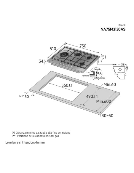 SAMSUNG NA75M3130AS P. COTT. 75CM  INOX 5 FUOCHI GRIGLIE SMALTATE