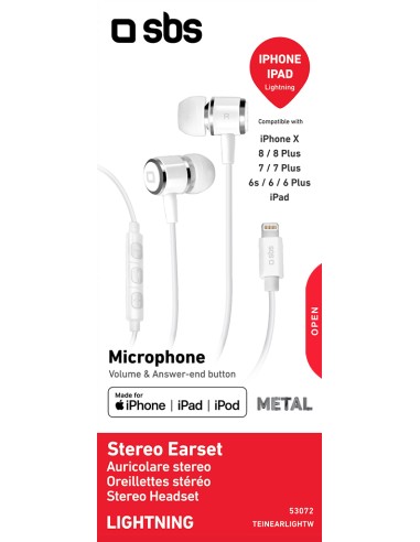 SBS TEINEARLIGHTW AURICOLARI IN-EAR MICROFONO TASTI VOLUME RISP BIANCO