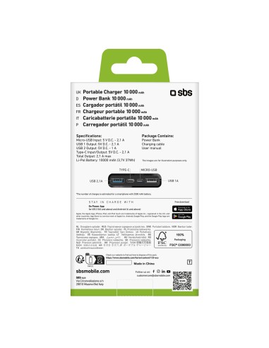 SBS TTBB10000FASTK POWERBANK 10000MAH USB 2,1 A NERO