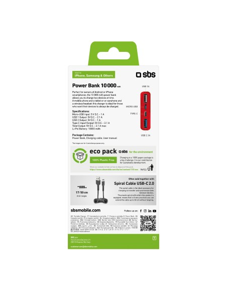 SBS TTBB10000FASTR POWERBANK 10000MAH USB 2,1 A ROSSO