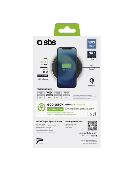 SBS TEWIRELESSUF10W BASETTA DI RICARICA WIRELESS 10W NERO