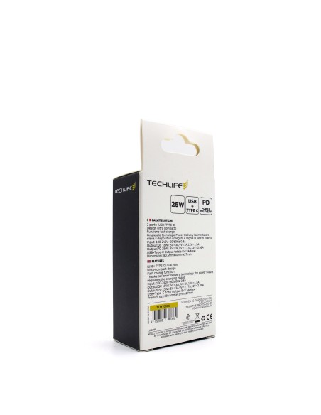 TECHLIFE TLMT0016 ALIMENTATORE RETE USB+USB-C 25W QUICK CHARGE 3.0