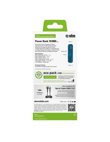SBS TTBB10000FASTA POWERBANK 10000MAH USB 2,1 A AZZURRO