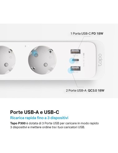 TPLINK TAPO P300 WI-FI MULTIPRESA 3 SCHUKO 10A 2USB 1USB-C GOO/ALE