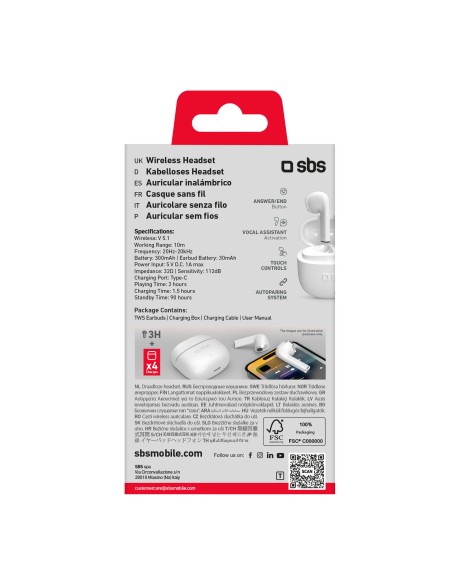 SBS TEEARTWSCOLW AURICOLARI BT TWS SEMI IN EAR BIANCO