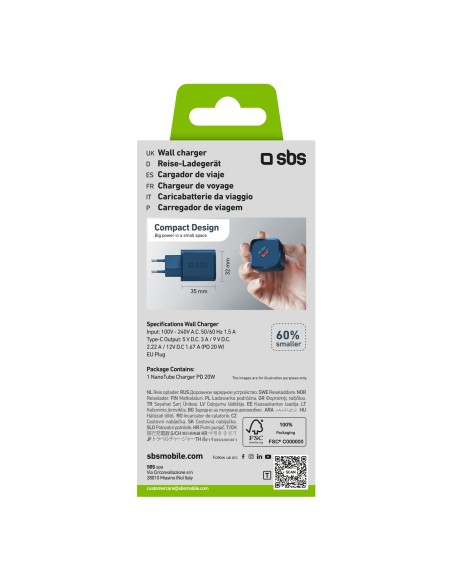 SBS TETRGAN1C20B ALIM.DA RETE GAN USB-C PD 20W BLU