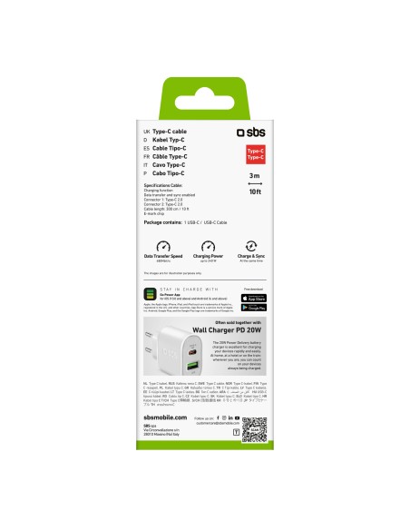 SBS TECABLE3MTCC240W CAVO USB-C/USB-C 100W 1,5M BIANCO