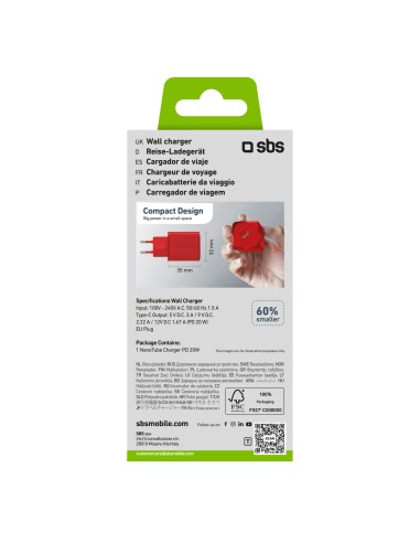 SBS TETRGAN1C20R ALIM.DA RETE GAN USB-C PD 20W ROSSO