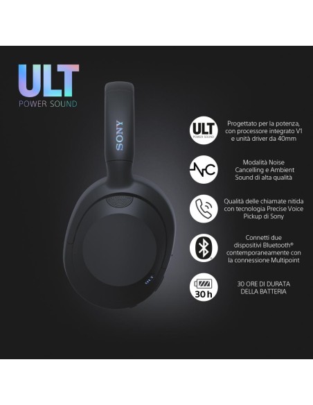 SONY WH-ULT900NB CUFFIA BT NERO ELIMINAZIONE RUMORE DR.40MM AUT.35 ORE