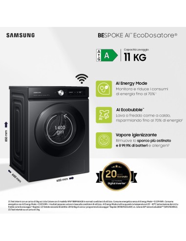 SAMSUNG WW11DB7B94GBU3 LVB A-20% 11KG 1400G VAPORE IG. ECOD. WIFI NERA