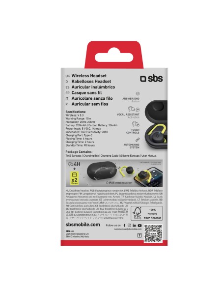 SBS TESPEARTRAINTWSBTK AURICOLARI  BT 5.0 TWS SPORT TOUCH 300MAH NERO