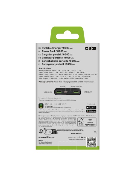 SBS TTBB10000FASTPD20K POWERBANK 10000MAH 2 USB + USB-C PD20 NERO