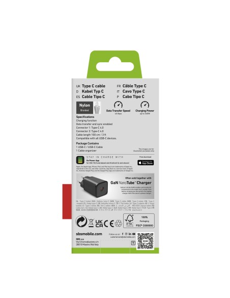 SBS TECABLETISSUETCC40GB CAVO BRAIDED USB-C/USB-C 4.0 1M 240W GRIGIO