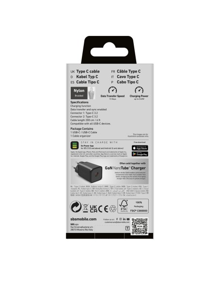 SBS TECABLETISSUETCC240G CAVO CORDONATO USB-C/USB-C 240W 2M GRIGIO