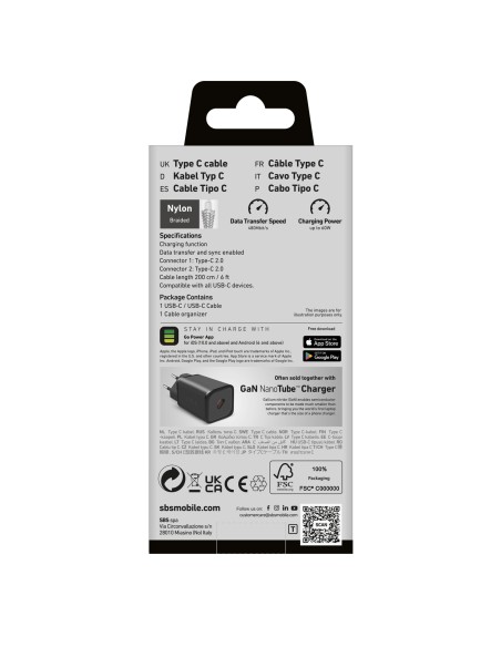 SBS TECABLETISSUETCC2G CAVO USB-C/USB-C 2M TESSUTO 60W GRIGIO