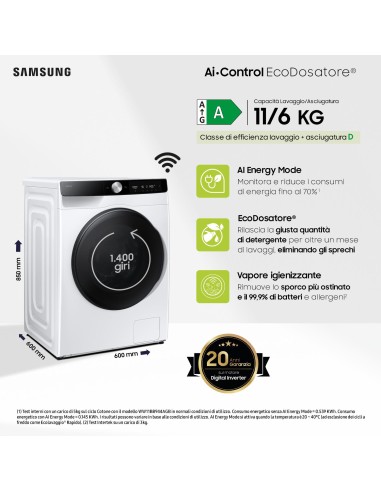 SAMSUNG WD11DG6B85BK LAVASC. AD 11/6KG 1400G VAPORE IGIENIZZ. WIFI
