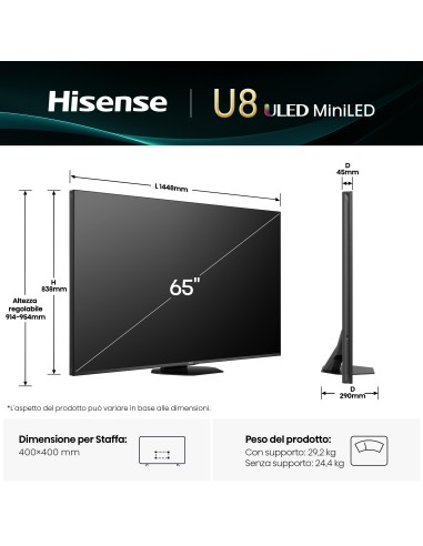 HISENSE 65U8Q TVC 65" 4K MINI LED  QUANTUM DOLBY  144HZ TVSAT