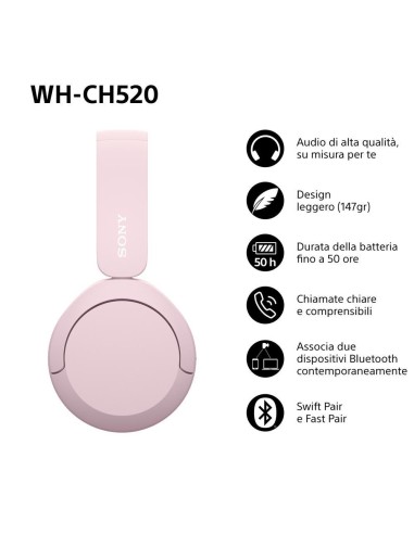 SONY WH-CH520P CUFFIA BLUETOOTH/NFC ROSA DRIVER 30MM AUTONOMIA 50H